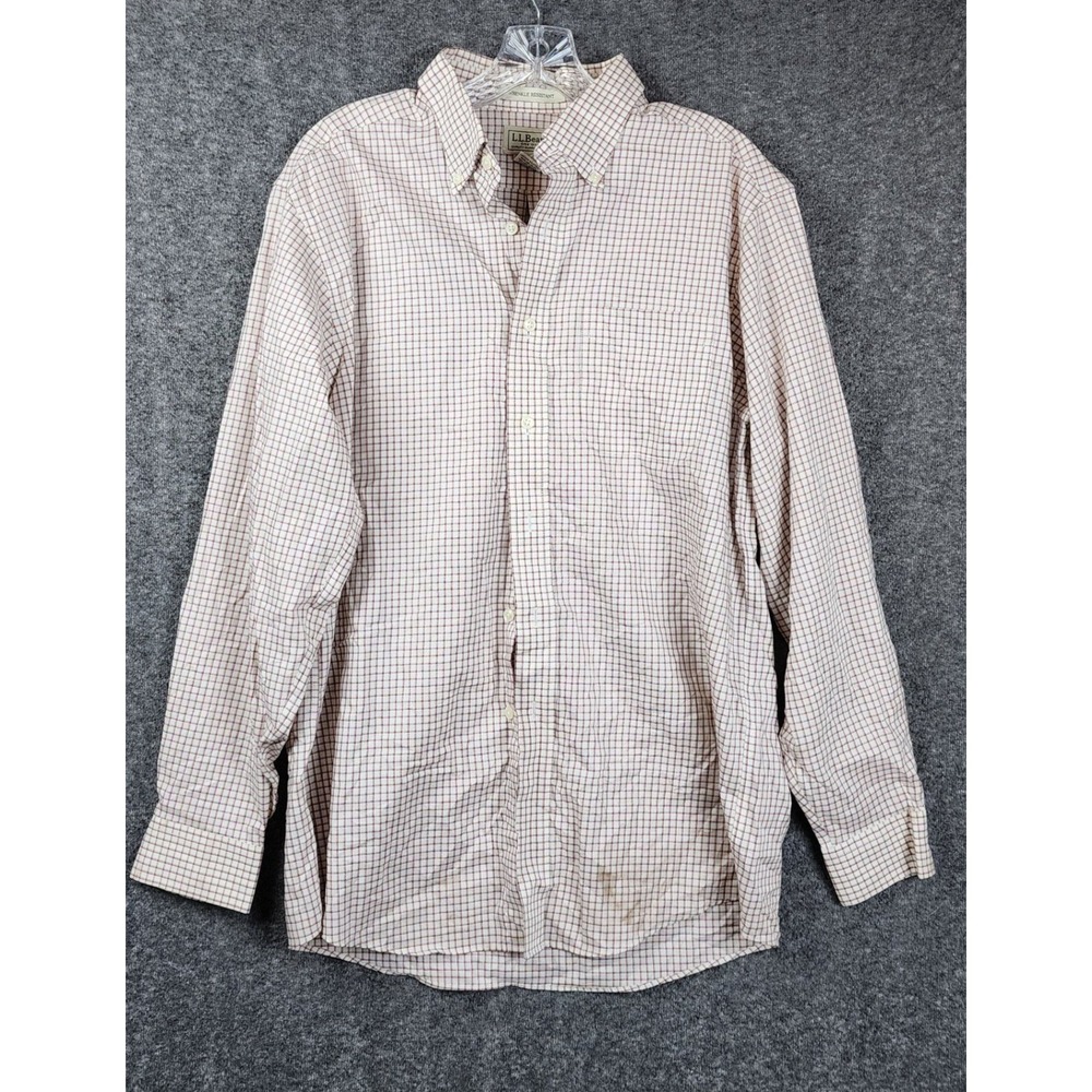 LL Bean Button Down Shirt Mens Medium M Regular Burgundy White Wrinkle Resistant